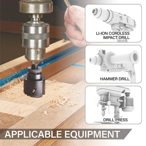 Go-To Heavy Duty Bi-Metal Hole Saw Kit 21-Piece in use with drill press on wood surface