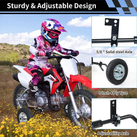 Dirt Bike Training Wheels Set For 50cc Mini Bikes with kid riding Honda CRF50, steel axle, 8 inch ply tire, adjustable axle