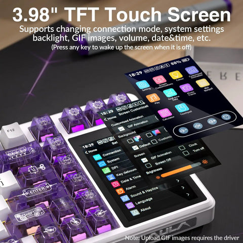 High End Wireless Mechanical Gaming Keyboard With Built In Smart Touchscreen Hub And Compact 96 Percent Design showing 3.98 inch touch panel and key functions.