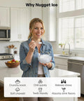 Woman with nugget ice bowl, showcasing benefits of 'Nugget Ice Maker Countertop With Handle Ready In Four Minutes Produces Up To Forty Pounds Per Day Chewable Sonic Ice Self Cleaning Portable Ice Maker With Basket And Scoop For Home Party RV Camping Black' in kitchen.