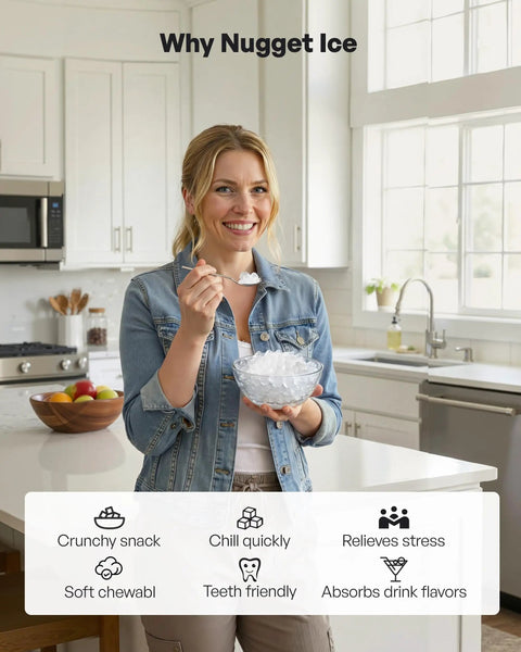 Woman with nugget ice bowl, showcasing benefits of 'Nugget Ice Maker Countertop With Handle Ready In Four Minutes Produces Up To Forty Pounds Per Day Chewable Sonic Ice Self Cleaning Portable Ice Maker With Basket And Scoop For Home Party RV Camping Black' in kitchen.