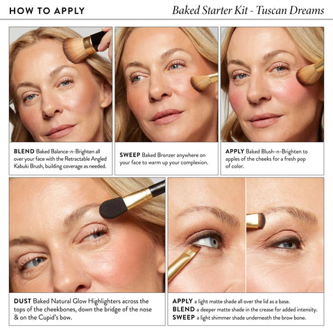 All In One Baked Starter Kit With Balance N Brighten Color Correcting Powder Foundation Best Of The Best Tuscan Dreams Full Face Palette And Retractable Angled Kabuki Brush application instructions