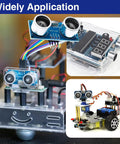 Quad Pack Ultrasonic Distance Sensor Modules With Mounting Brackets For Arduino R3 Mega 2560 Nano Duemilanove Ideal For Robotics Obstacle Avoidance Parking Assist Includes Mounting Hardware And Storage Case shown in various robotic applications