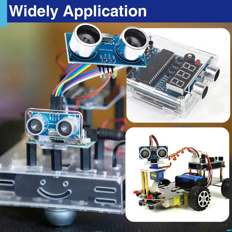 Quad Pack Ultrasonic Distance Sensor Modules With Mounting Brackets For Arduino R3 Mega 2560 Nano Duemilanove Ideal For Robotics Obstacle Avoidance Parking Assist Includes Mounting Hardware And Storage Case shown in various robotic applications