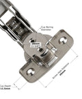 Close-up of Two Pack Wide Angle Corner Lazy Susan Pantry Self Closing 155 Degree Kitchen Cabinet Door Hinges Nickel Plated Finish showing screw hole distance and dimensions.