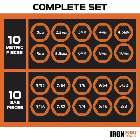Image showing 10 SAE and 10 Metric pieces of 20 Piece T Handle Allen Wrench Set With Stand For SAE And Metric Hex Keys.