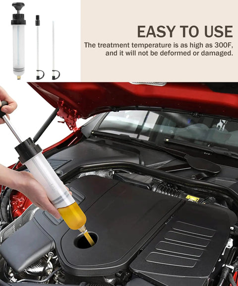 Heavy Duty Auto Fluid Extractor Pump With Non Drip Silicone Tubes for slick power steering fluid transfer in car engine.