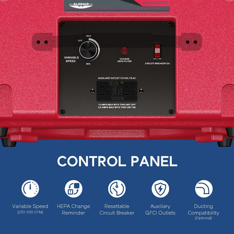 Control panel of Pro Grade Heavy Duty Air Scrubber With 3 Stage Filtration Stackable Negative Air Machine For Industrial And Commercial Use MERV 10 Plus HEPA And Activated Carbon Filters Red Air Cleaner For Odor Smoke Dust And Particles