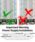 Important warning for Dope Diy Electronics Kit Packaged With Two Full Size And Two Half Sized Breadboards on power supply installation.
