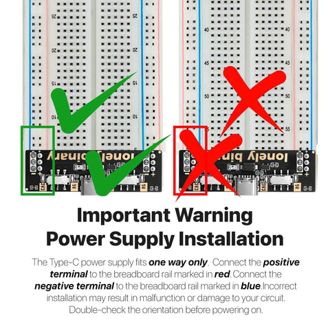 Important warning for Dope Diy Electronics Kit Packaged With Two Full Size And Two Half Sized Breadboards on power supply installation.