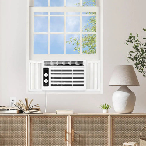 No Sweat 5000 BTU Energy Efficient Window Air Conditioner And Dehumidifier For Rooms Up To 150 Square Feet Featuring Quick Window Mounting Kit For Chill Days Ahead In Crisp White Finish