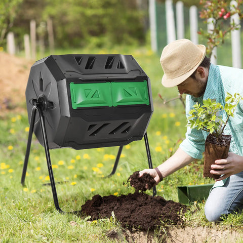 Dual Chamber 43 Gallon Rotating Compost Tumbler With 360 Degree Tumbling, Deep Fins And Aeration Vents in garden