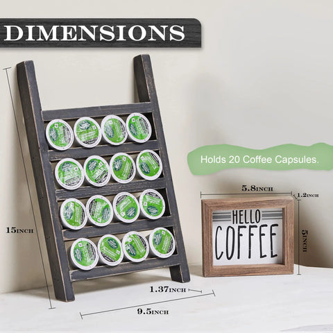 Countertop K Cup Holder For Your Dope Coffee Bar, Rustic Wood Pod Organizer, holds 20 K Cups, shown with dimensions and "Hello Coffee" sign