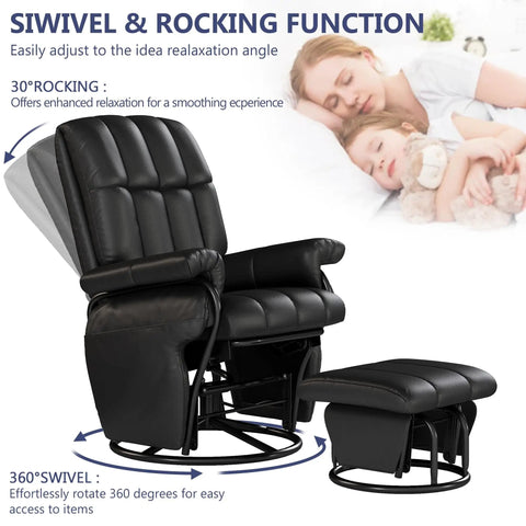 360 Degree Swivel Glider Recliner With Ottoman And Foot Rest Plus 2 Side Pockets For Nursery, tilt rocking, and mother resting with child