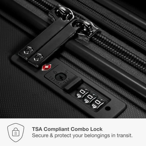 Close-up of TSA-compliant combo lock on black hardshell carry-on luggage zipper
