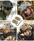 Arc Rail Adapter Kit With 360 Degree Rotation For 19mm Helmet Rails displayed with military helmets