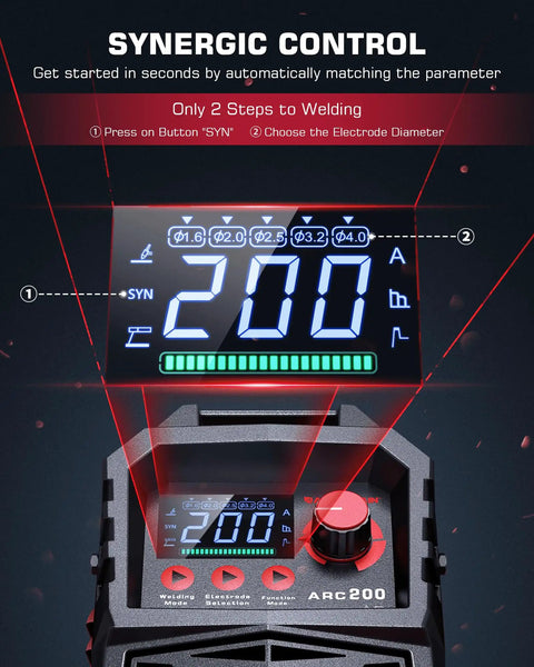 Large LED display of Dual Arc And Lift TIG Welder With Synergic Control, 200A MMA Inverter Welder, showing setup controls.