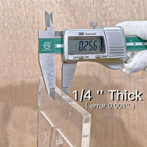 Caliper measuring thickness of oval inlay router template set for woodworking, 4 pcs elliptical jig templates with 4 inch ruler, pro grade decorative inlays for DIY wood projects, easy to use oval inlay templates, perfect for custom inlaid accents showing 1/4 inch thickness with error of 0.001 inch.