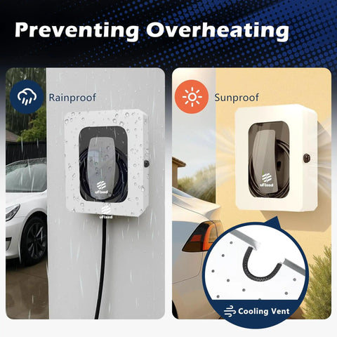 Heavy Duty Weatherproof EV Charger Enclosure Wall Box With Secure Code Lock Solid Shield For Tesla And Chargepoint Setup shown in rainproof and sunproof scenarios.