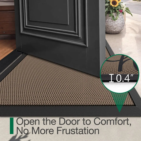Hello Door Mat 17x30 No Slip Durable Rubber Entrance Doormat Low Profile Easy Clean shown under an open black door