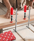 Quick Screw Guide Rail Clamp Set for MFT and Guide Rail Systems, Opens to Seven and Seven Eighths Inches, 2 Pack, in use on table