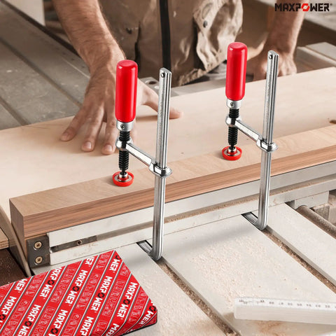 Quick Screw Guide Rail Clamp Set for MFT and Guide Rail Systems, Opens to Seven and Seven Eighths Inches, 2 Pack, in use on table