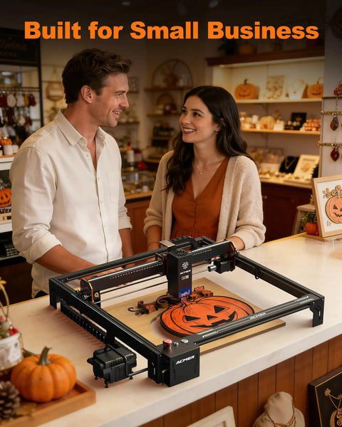 36W Laser Engraver with 400x400 mm area, dual rails, WiFi, TF card, shown in a craft shop, ideal for small business use.