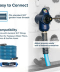 Tastepure 4-In-1 Adjustable RV Water Pressure Regulator With 90 Degree Hose Elbow, Built-In Pressure Gauge, Adjustable Regulator, And Shut-Off Valve For Safe, Flexible RV Water Hookups installed on 3/4 inch hose threads