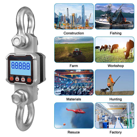 Beefy Heavy Duty Digital Crane Scale 5000kg 11000lb With Remote Control shown with various industrial and agricultural applications.