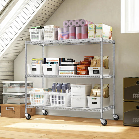 45 Inch Wide 3 Tier Metal Shelving On Wheels Built Tough Beefy Heavy Duty Steel Storage Rack With 450 Lbs Capacity Perfect For Kitchen Garage And Laundry Rust Resistant Mobile Storage Cart, chrome pantry shelving with baskets