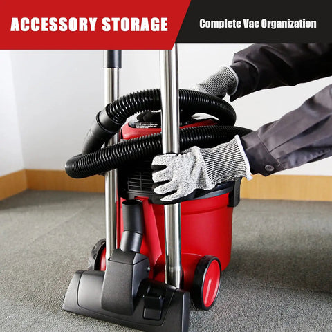 Person organizing Corded Canister Vacuum With Bag, 3 Gallon Capacity, 26 Foot Cord, One And A Quarter Inch Hose