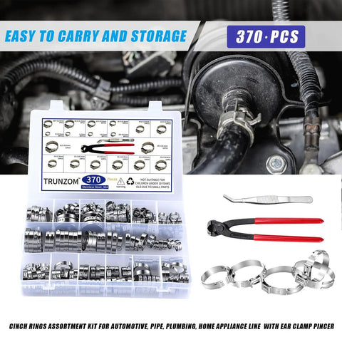370 Piece 16 Size Single Ear Hose Clamps Set 5.3 To 36.1 mm 304 Stainless Steel Crimp Hose Clamps Assortment Kit with storage case