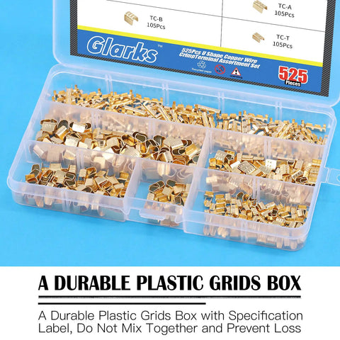 U Shape Copper Wire Crimp Terminal Kit, 525 Piece Non Insulated All In One Assortment With Open Barrel in plastic box