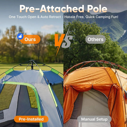 Comparison of Two Person No Fuss Instant Camping Tent With 60 Second Setup And Pre Attached Pole vs traditional tent setup.