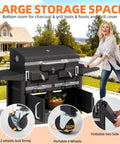 Two Independent Charcoal Grillin Zones With An Oversized 620 Square Inch Cooking Area Storage Cabinet Individual Lifting Charcoal Trays Foldable Side Tables And Built In Thermometer For Outdoor Patio Balcony with woman using foldable side tables.