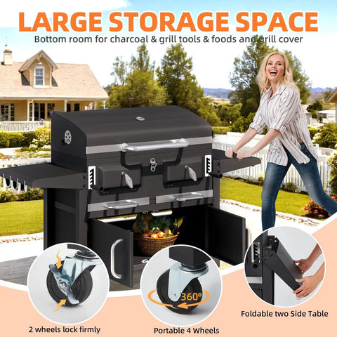 Two Independent Charcoal Grillin Zones With An Oversized 620 Square Inch Cooking Area Storage Cabinet Individual Lifting Charcoal Trays Foldable Side Tables And Built In Thermometer For Outdoor Patio Balcony with woman using foldable side tables.
