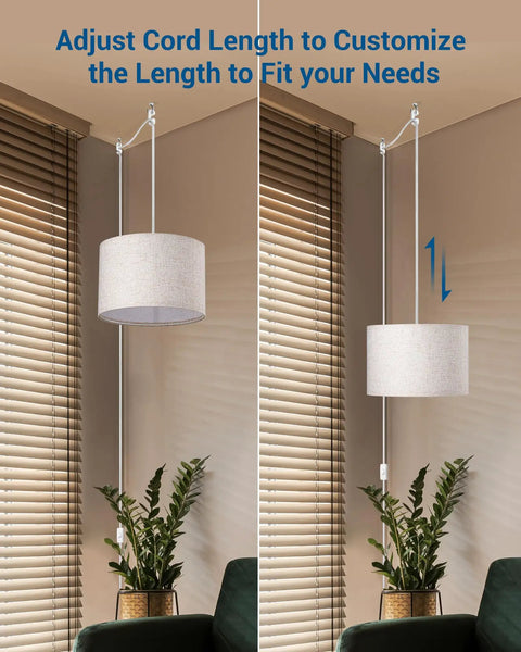 Adjustable Plug In Pendant Light With Beige Linen Shade, 15 Ft Clear Cord, On Off Switch, Hanging Light Fixture, Living Room