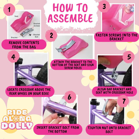 Assembly instructions for Glitter Purple Doll Bike Seat Accessory For 18 To 22 Inch Dolls And Stuffed Bears, Universal Crossbar Mount.
