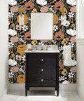 Black Vintage Floral Peel And Stick Wallpaper With Daisy Flowers And Olive Green Leaves For Powder Rooms And Moody Accent Walls
