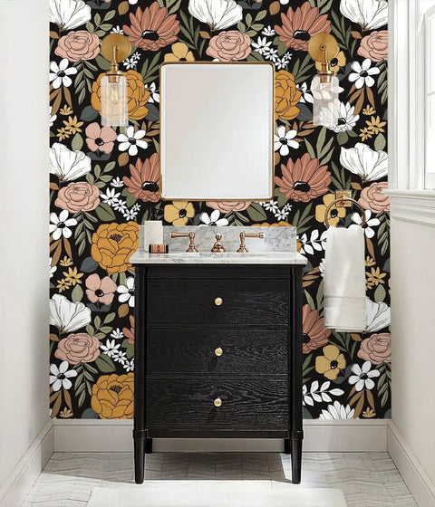 Black Vintage Floral Peel And Stick Wallpaper With Daisy Flowers And Olive Green Leaves For Powder Rooms And Moody Accent Walls