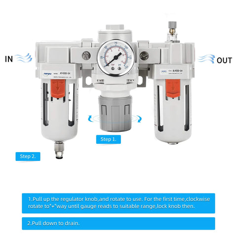 One Half Inch NPT Air Filter Regulator Lubricator All In One FRL Combo with water oil trap, gauge, and semi auto drain