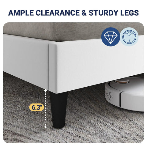 Queen Bed Frame With Plush Velvet Headboard And Built In Charging Station Featuring Dual AC Outlets And USB Port Plus Type C Hub, showcasing sturdy legs and 6.3-inch clearance.