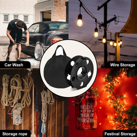 Portable Heavy Duty Cord Storage Reel With Center Rotating Handle displayed for outdoor and garage uses.