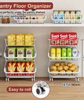 3-Tier Rolling Pantry Cart With Wheels For Kitchen Organization And Storage, White Wire Shelving Filled with Snacks and Potatoes