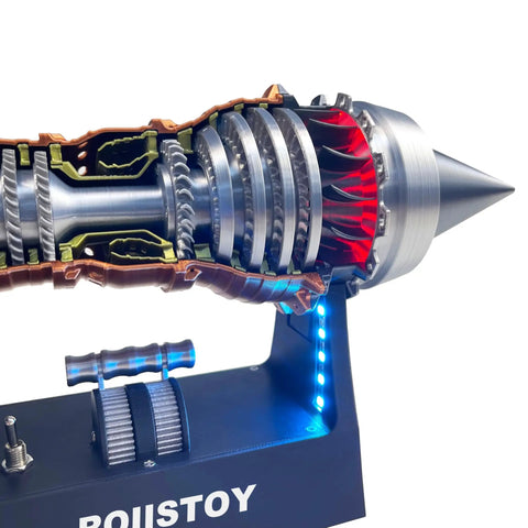 Jet Engine Model TR900 Turbofan Kit for Aviation Nerds with exposed engine components, desktop decor, and educational toy.