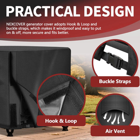 Kickass Universal Generator Cover Waterproof 26X20X20 Inches features Hook & Loop and buckle straps for secure fit and windproof design.