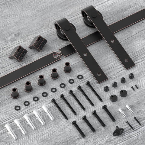 Orb Oil Rubbed Bronze Sliding Barn Door Hardware Kit With 6.6 Foot Track Rails Brushed Antique Bronze Finish shown uninstalled on wood surface.