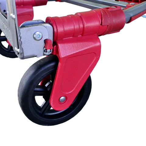 Close-up of wheel and red frame of Fold Up Convertible Hand Truck With A 4 Piece Frame For Compact Storage And Easy Transport