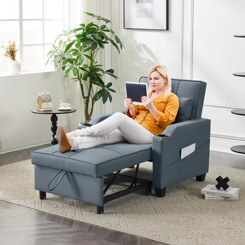 Woman relaxing on 3-In-1 Convertible Sofa Bed Chair With Adjustable Backrest USB Ports And Cup Holders Cozy Cushions