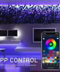 Living room lit with All In One 65.6Ft RGB LED Strip Lights Kit With UL Power Supply And IR Remote; phone app shown for control